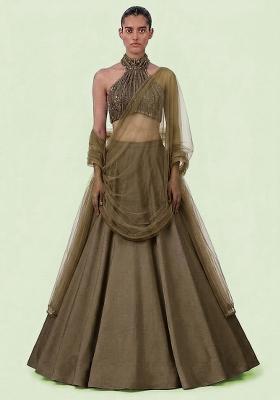 Brown Sequin Net Lehenga Set