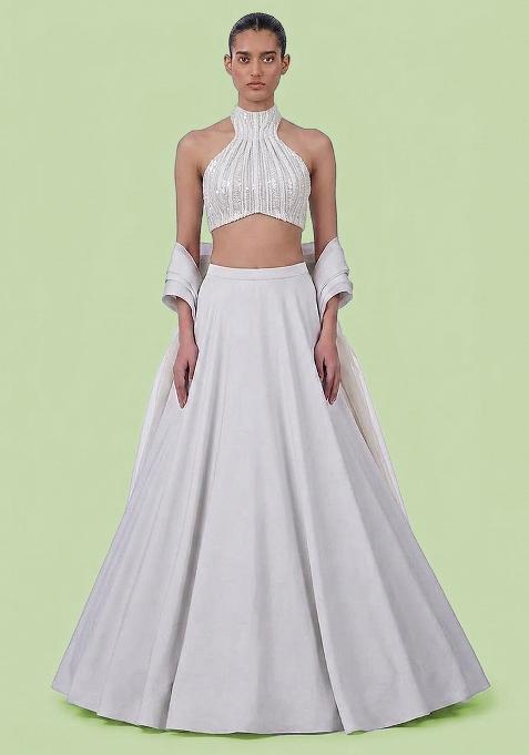 White Sequin Net Lehenga Set