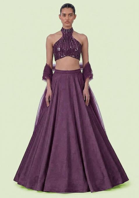 Purple Sequin Net Lehenga Set