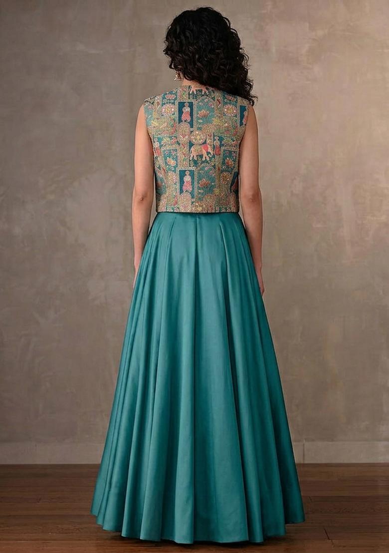 Blue Silk Blend Lehenga Set - Indya