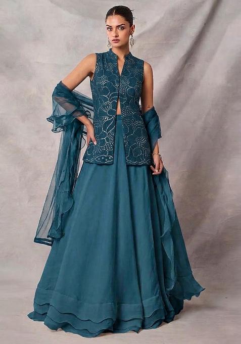Deep Teal Mirror Work Viscose Lehenga Set