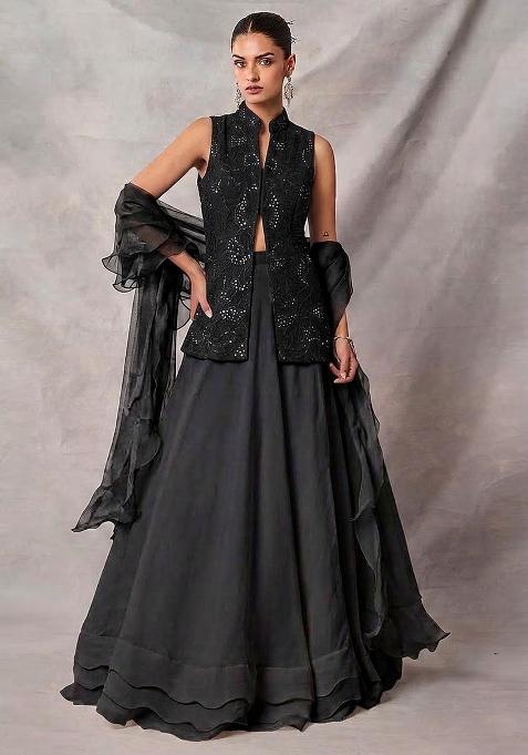 Black Mirror Work Viscose Lehenga Set