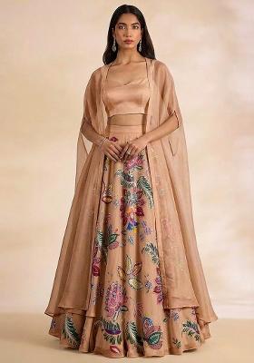 Beige Printed Organza Lehenga Set