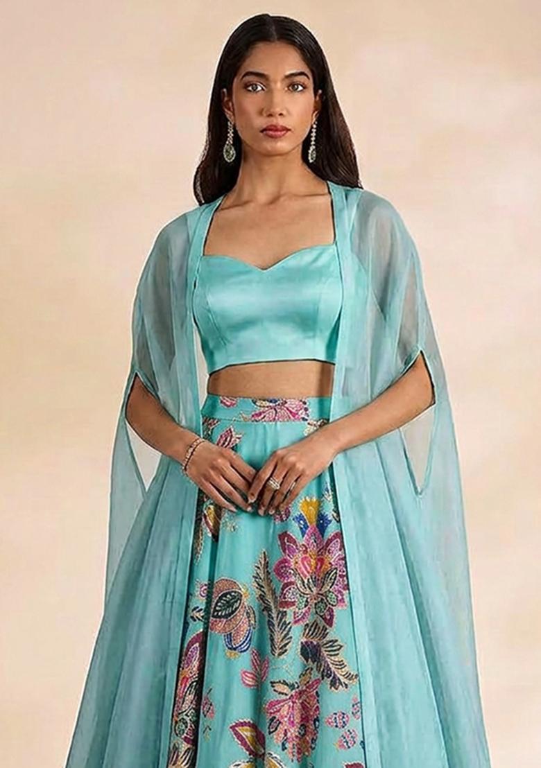 Light Blue Printed Organza Lehenga Set - Indya