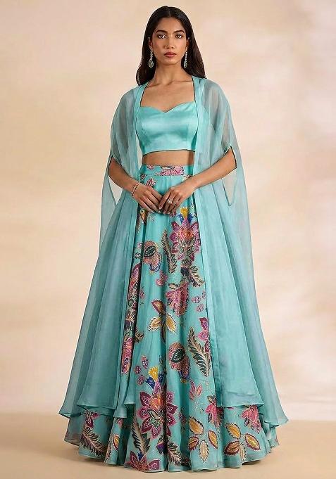 Light Blue Printed Organza Lehenga Set