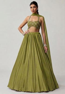Green Embroidered Crepe Lehenga Set