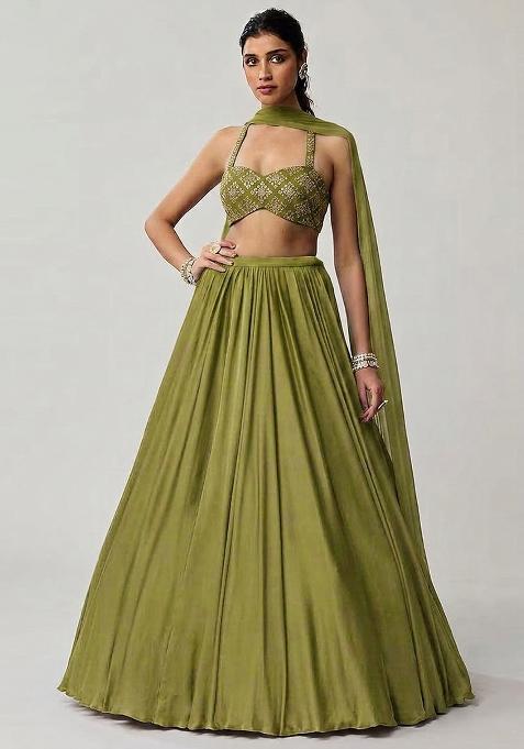 Green Embroidered Crepe Lehenga Set