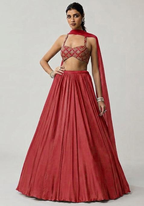 Pink Embroidered Crepe Lehenga Set