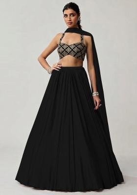 Off White Embroidered Crepe Lehenga Set