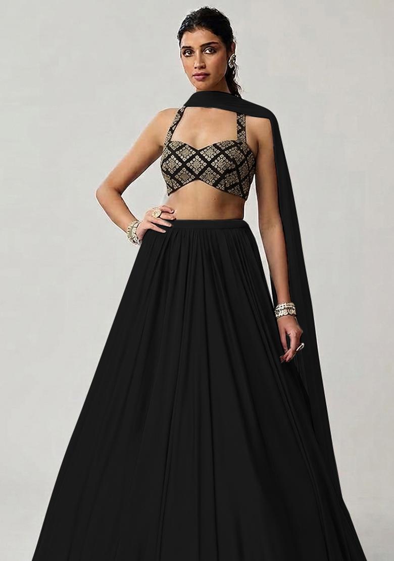 Off White Embroidered Crepe Lehenga Set - Indya