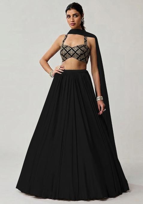 Off White Embroidered Crepe Lehenga Set