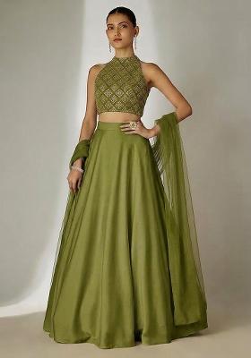 Green Embroidered Crepe Lehenga Set
