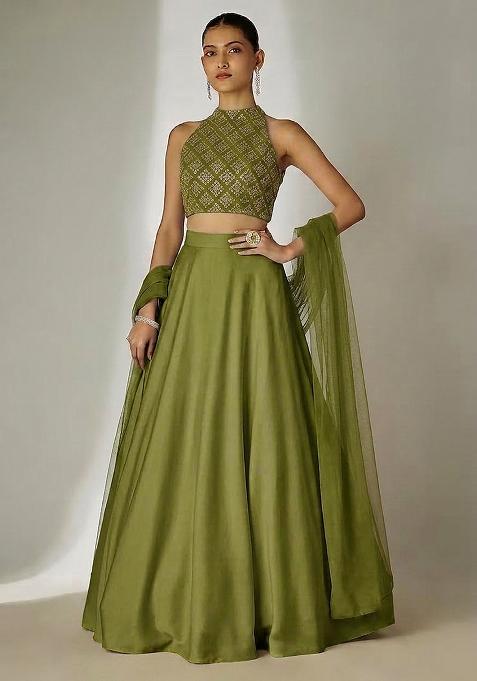 Green Embroidered Crepe Lehenga Set
