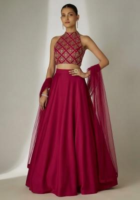 Magenta Embroidered Crepe Lehenga Set