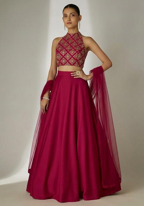 Magenta Embroidered Crepe Lehenga Set