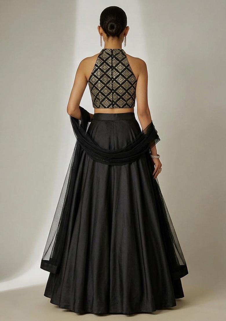 Black Embroidered Crepe Lehenga Set - Indya