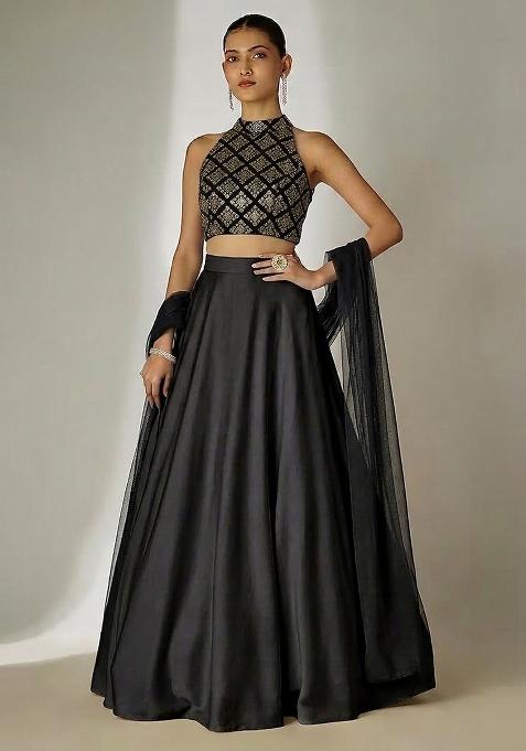 Black Embroidered Crepe Lehenga Set