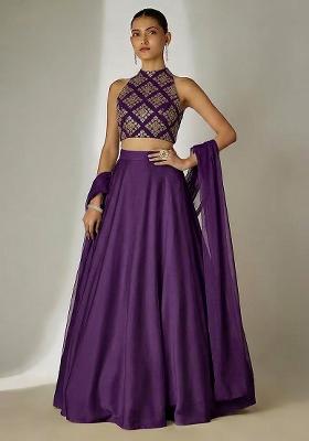 Dark Purple Embroidered Crepe Lehenga Set