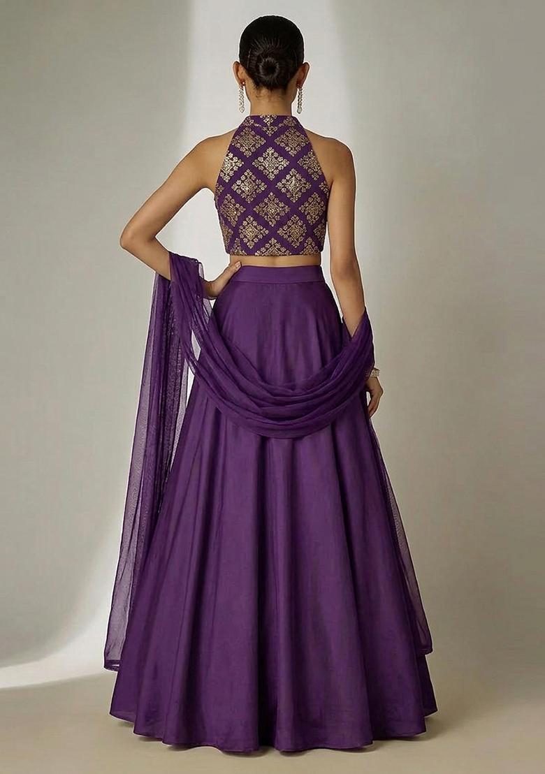 Dark Purple Embroidered Crepe Lehenga Set - Indya
