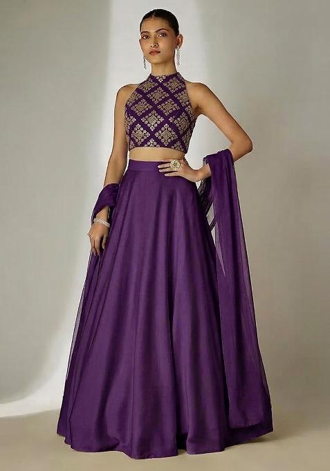 Dark Purple Embroidered Crepe Lehenga Set