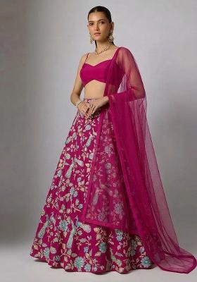 Dark Pink Printed Crepe Lehenga Set