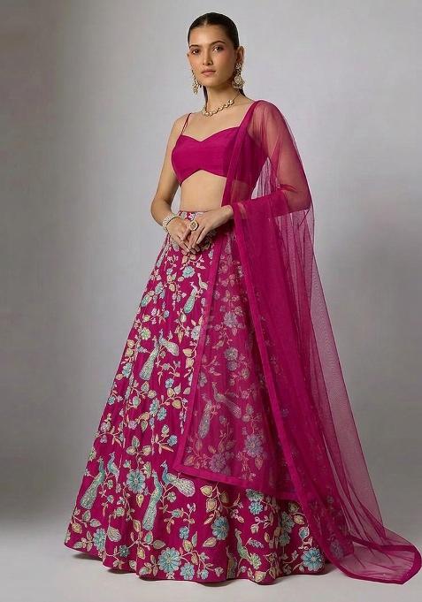 Dark Pink Printed Crepe Lehenga Set