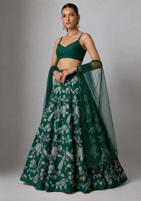 Dark Green Printed Crepe Lehenga Set