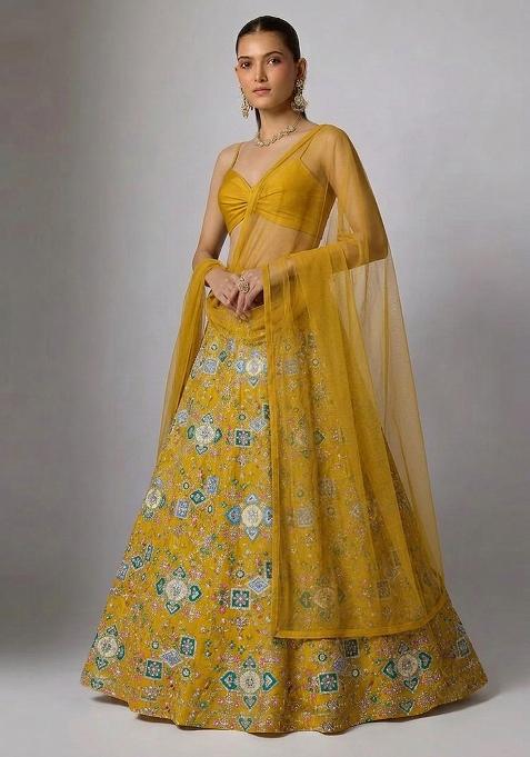 Yellow Printed Crepe Lehenga Set