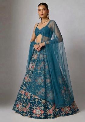 Blue Printed Crepe Lehenga Set