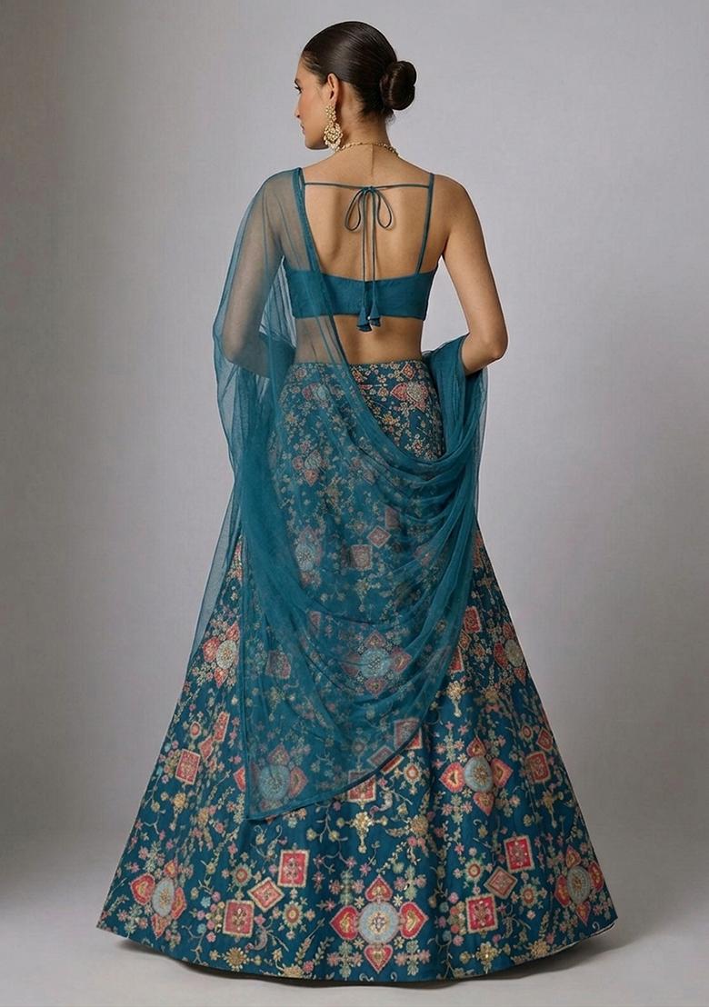 Blue Printed Crepe Lehenga Set - Indya