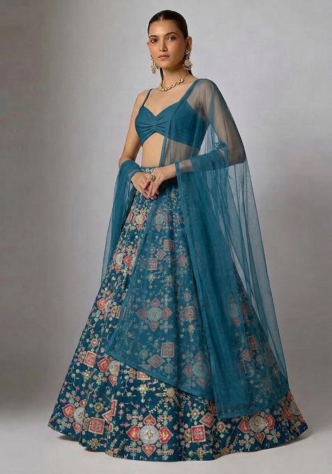 Blue Printed Crepe Lehenga Set