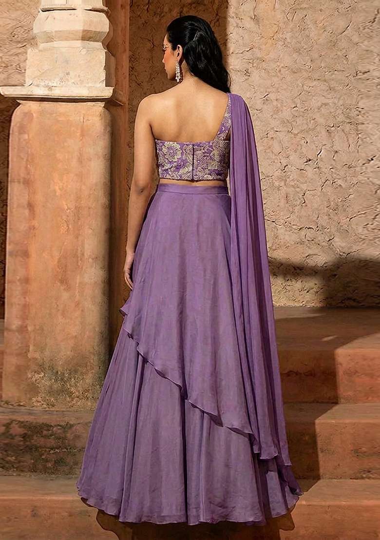 Lilac Printed Crepe Lehenga Set - Indya