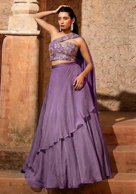 Lilac Printed Crepe Lehenga Set
