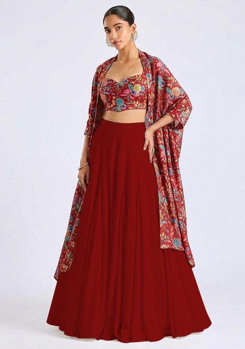 Red Printed Crepe Lehenga Set
