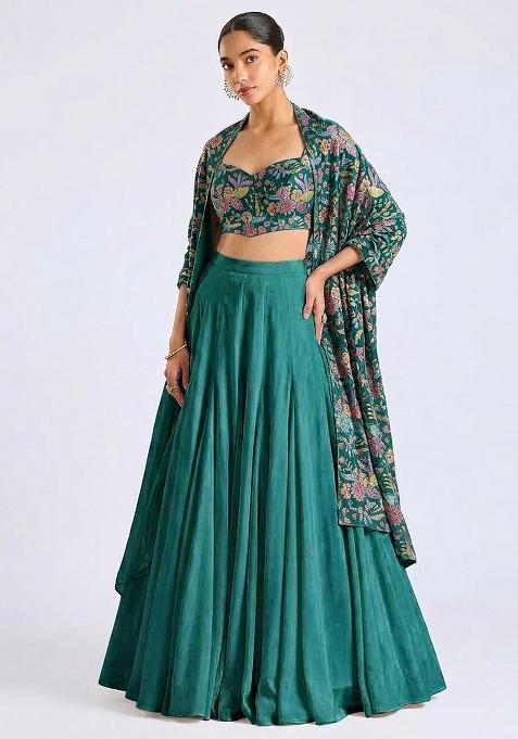 Teal Printed Crepe Lehenga Set