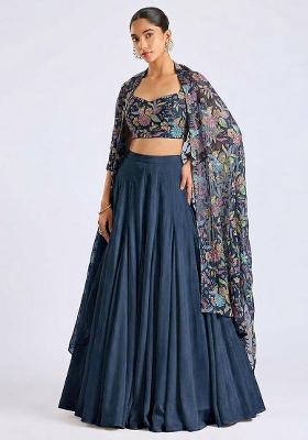 Dark Blue Printed Crepe Lehenga Set