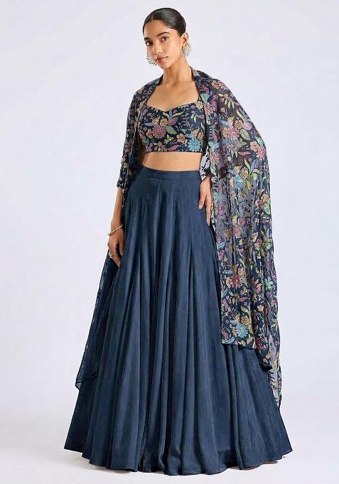 Dark Blue Printed Crepe Lehenga Set