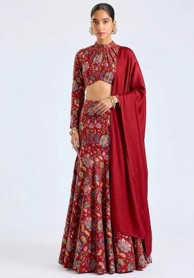Red Printed Crepe Lehenga Set