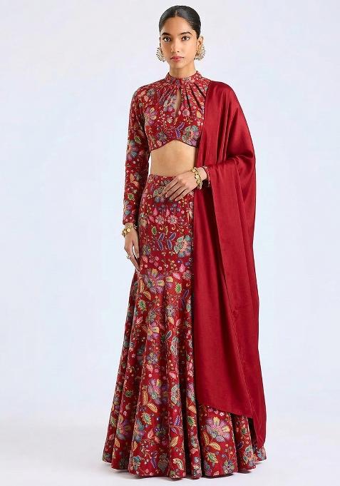 Red Printed Crepe Lehenga Set