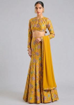 Yellow Printed Crepe Lehenga Set