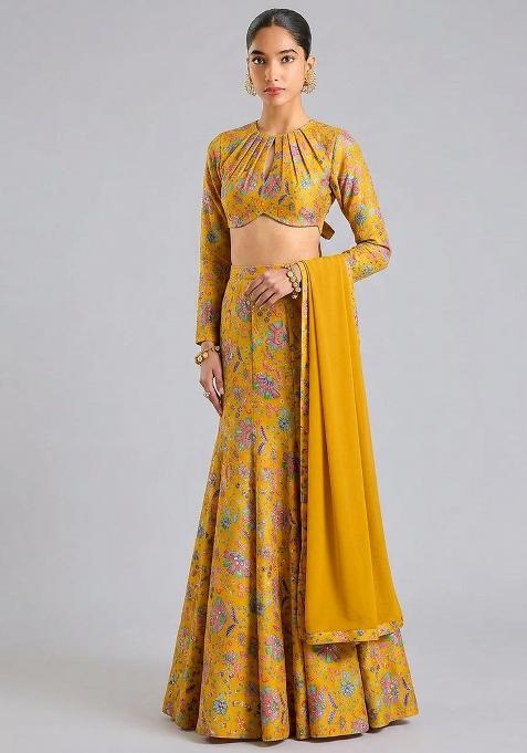 Yellow Printed Crepe Lehenga Set