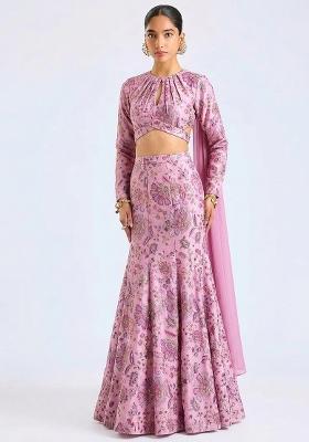 Pink Printed Crepe Lehenga Set