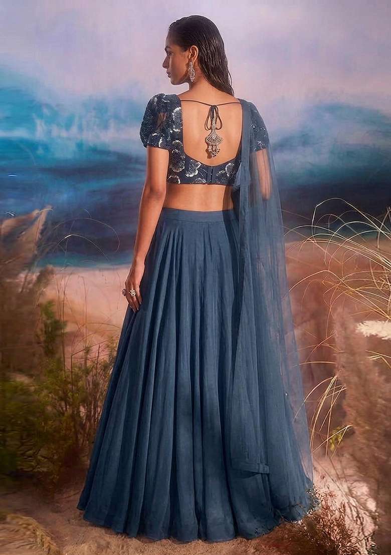 Dark Blue Embroidered Net Lehenga Set - Indya