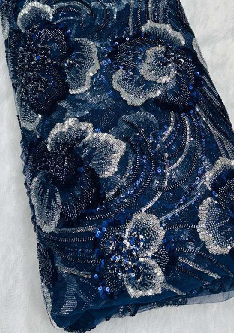 Dark Blue Embroidered Net Lehenga Set - Indya