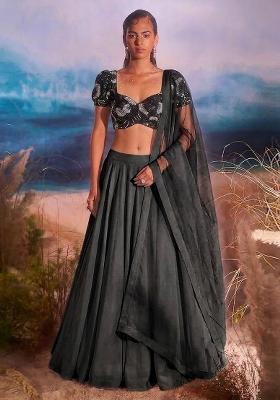 Dark Grey Embroidered Net Lehenga Set