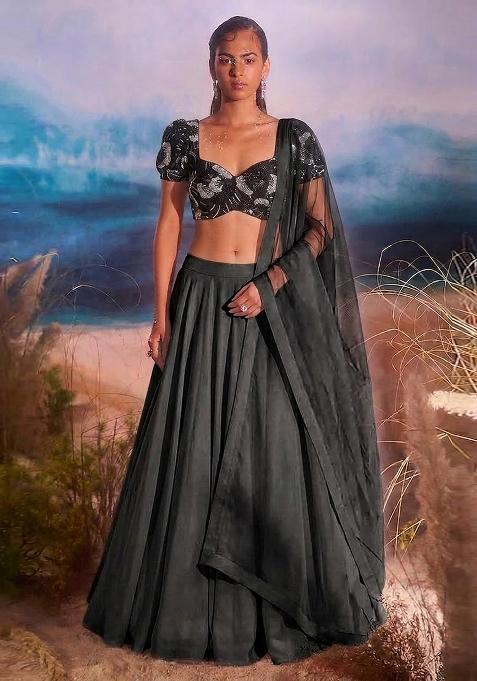 Dark Grey Embroidered Net Lehenga Set