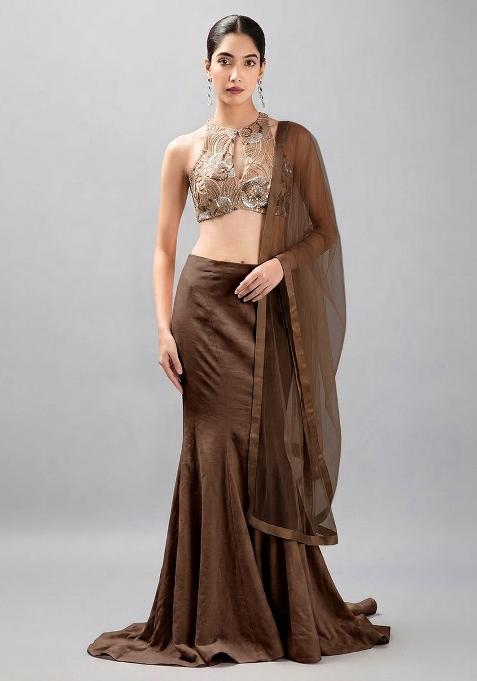 Brown Embroidered Net Fusion Set