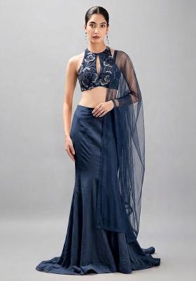 Navy Blue Embroidered Net Fusion Set