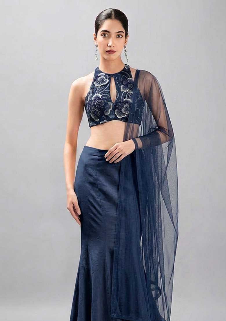 Navy Blue Embroidered Net Fusion Set - Indya