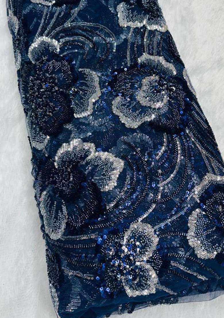 Navy Blue Embroidered Net Fusion Set - Indya